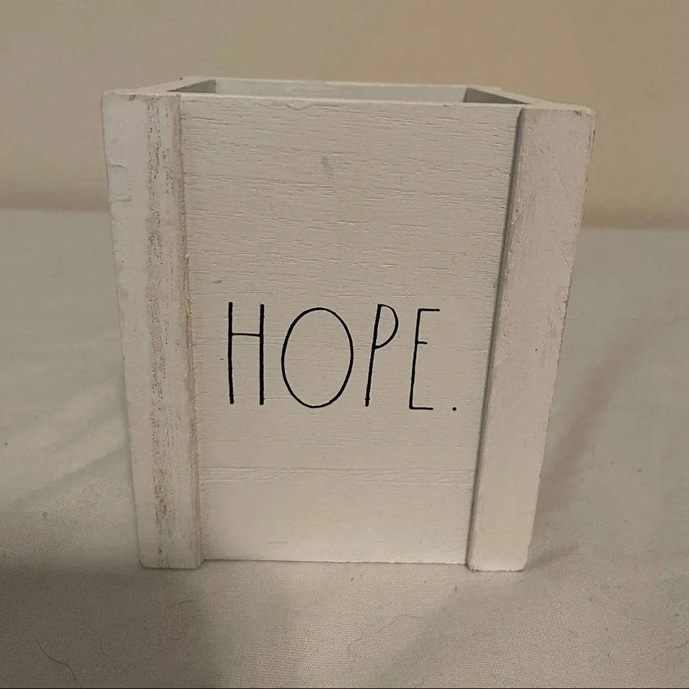Rae Dunn Distressed White Wood Pencil Cup / Pencil Holder “HOPE” Black Text